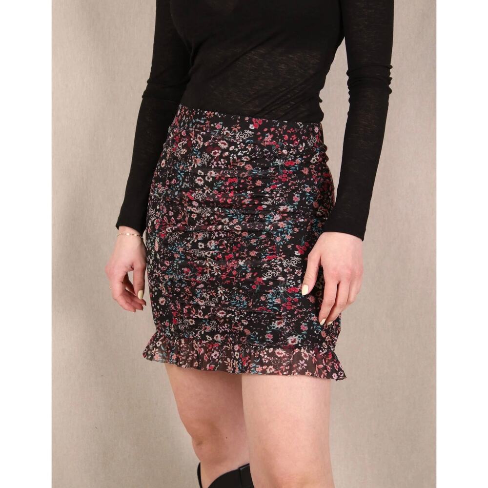 Free People Romi Floral Ruched Mini Skirt Ruffle Hem Black Size Medium